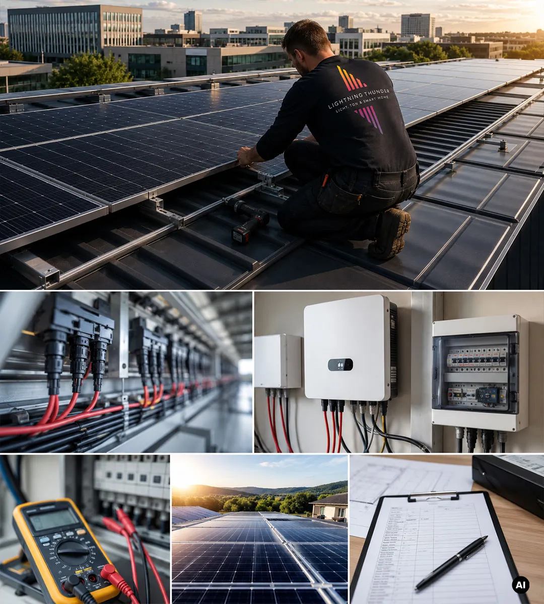 Lightning Thunder – fachgerechte Installation von Photovoltaikanlagen mit professioneller Montage, Elektroinstallation, Wechselrichter, Prüfung und technischer Dokumentation.