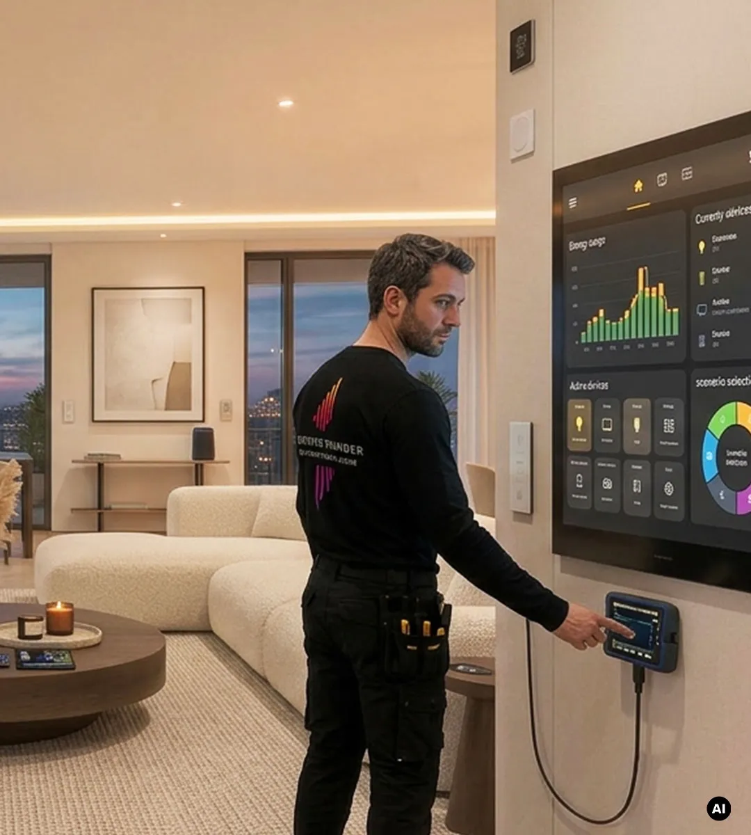 Eine Fachkraft von Lightning Thunder steuert ein modernes Smart-Home-System über ein Wanddisplay in einem stilvollen Wohnbereich.