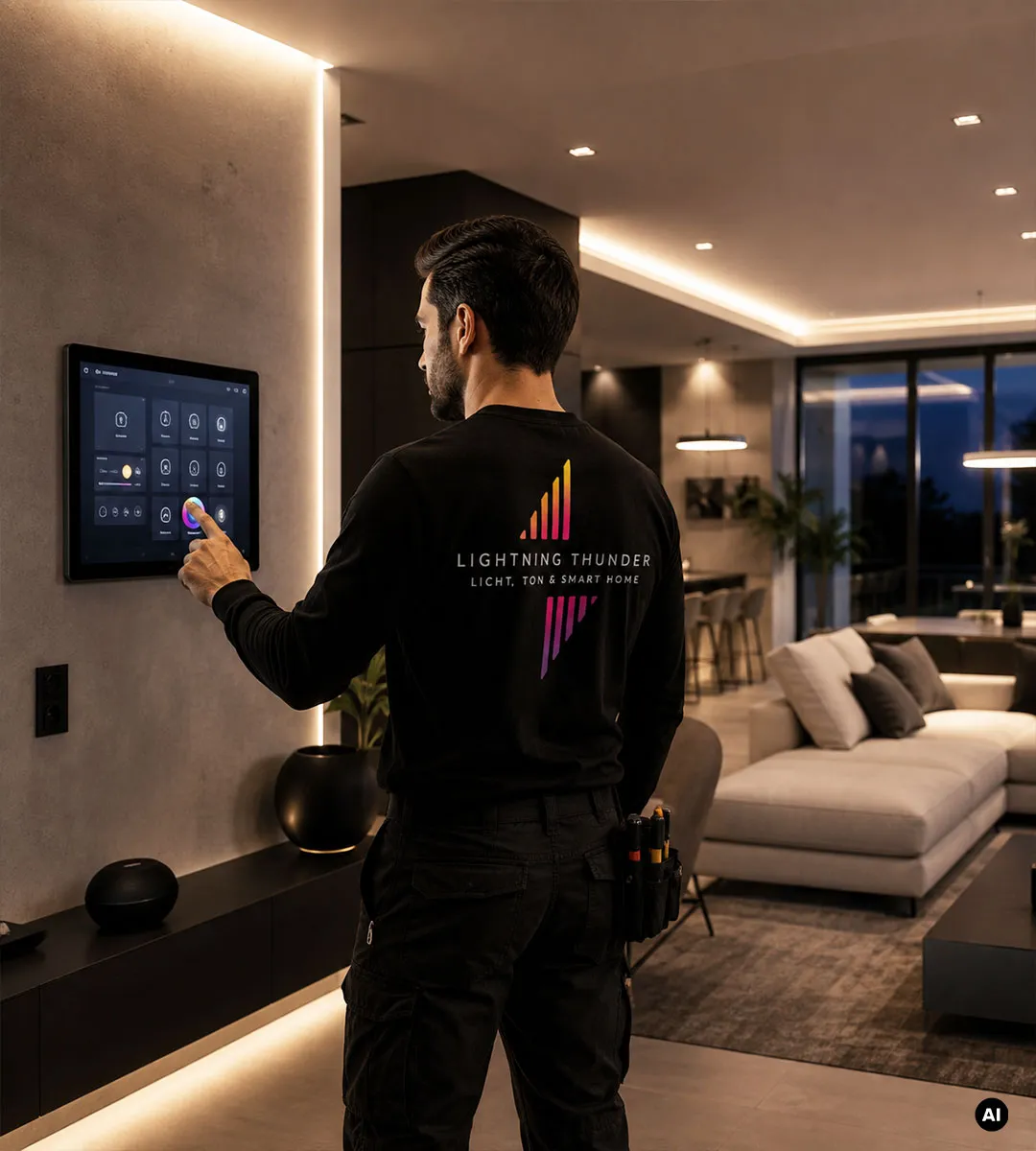 Ein Mitarbeiter von Lightning Thunder steuert die Beleuchtung eines modernen Smart Homes über ein Wand-Touchpanel.