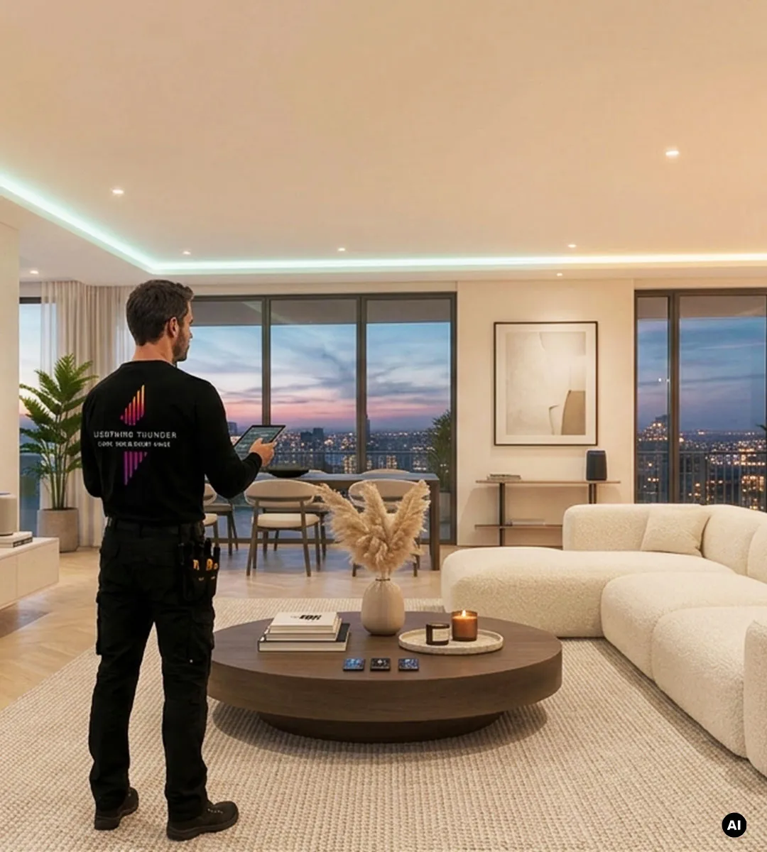 Lightning Thunder – professionelle KNX- und Smart-Home-Installation mit zentraler Steuerung von Beleuchtung, Beschattung, Heizung und weiteren Gebäudefunktionen.